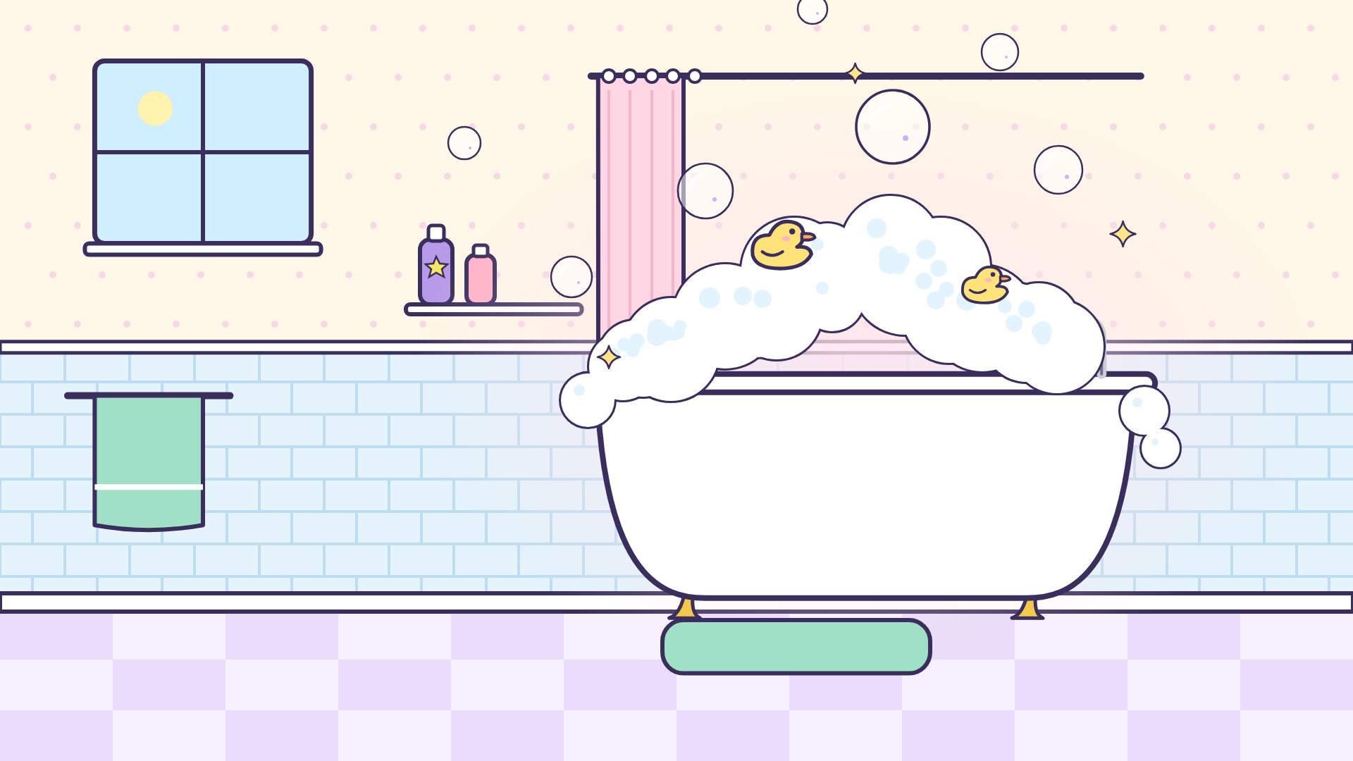 A cozy home bathroom with a clawfoot bathtub overflowing with bubbles and two rubber ducks